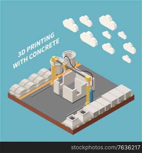Concrete cement production isometric colored composition 3 d printing with concrete headline vector illustration