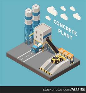 Concrete cement production isometric composition with concrete plant headline and isolated 3d piece of earth vector illustration