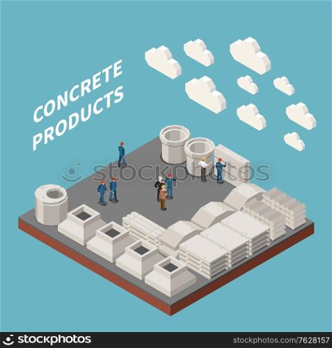 Concrete cement production isometric concept with concrete products headline equipment tools and workers at work vector illustration