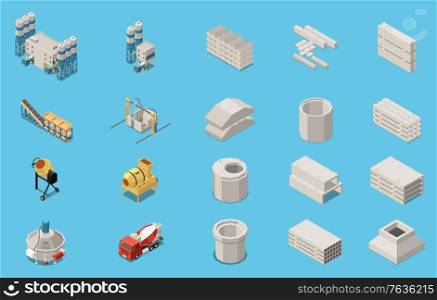Concrete cement production isometric icon set with tools equipment and transportation extraction vector illustration