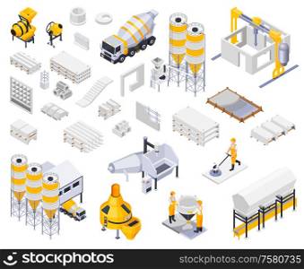 Concrete cement production isometric icons collection with isolated images of goods industrial facilities characters of workers vector illustration