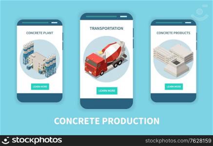 Concrete cement production isometric vertical banner set with concrete plant transportation and products headlines vector illustration