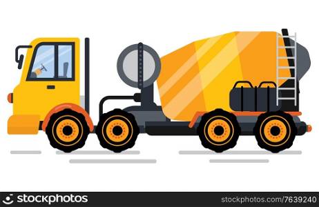 Concrete mixer, construction equipment with wheels on white. Machine with engineering material in cone, side view of automobile, blend in auto vector. Engineering Machine, Concrete Mixer, Auto Vector