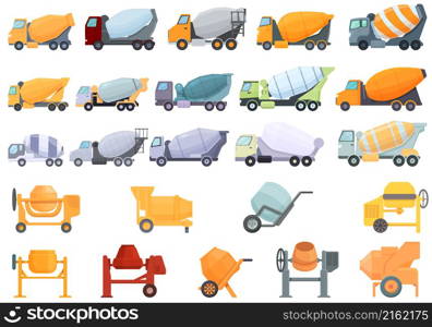 Concrete mixer icons set cartoon vector. Cement truck. Auto blender. Concrete mixer icons set cartoon vector. Cement truck