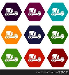 Concrete mixer truck icon set many color hexahedron isolated on white vector illustration. Concrete mixer truck icon set color hexahedron