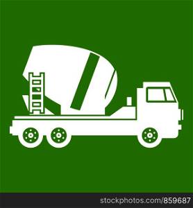 Concrete mixer truck icon white isolated on green background. Vector illustration. Concrete mixer truck icon green