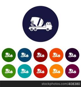 Concrete mixer truck set icons in different colors isolated on white background. Concrete mixer truck set icons