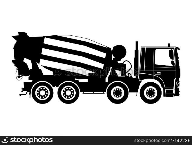 Concrete mixer truck. Silhouette on a white background. Side view. Flat vector.