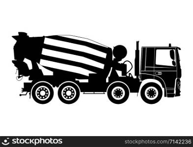Concrete mixer truck. Silhouette on a white background. Side view. Flat vector.