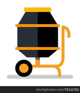 Concrete mixer with handle and wheel, construction equipment. Side view of engineering blender, mixing truck, transportation and pour, blend volume. Vector illustration in flat cartoon style. Mixing Cement, Concrete Mixer, Building Vector