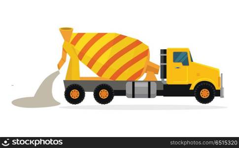 Concrete Mixing Truck Vector in Flat Design. Concrete mixing truck vector. Flat design. Industrial transport. Construction machine. Yellow lorry with mixer pour out cement. For construction theme illustrating, building companies ad. On white. Concrete Mixing Truck Vector in Flat Design