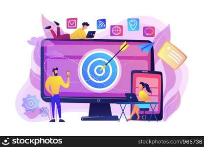 Concumers with devices get targeted ads and messages. Multi device targeting, reaching audience, cross-device marketing concept on white background. Bright vibrant violet vector isolated illustration. Multi device targeting concept vector illustration.