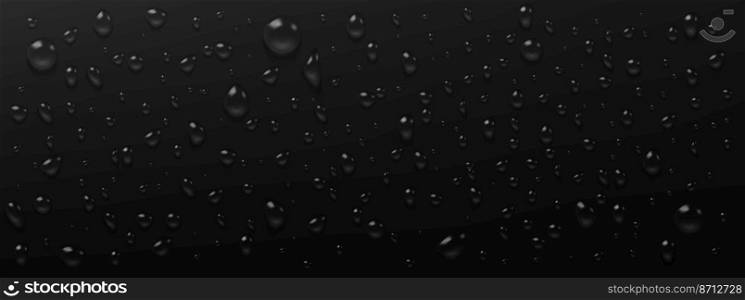 Condensation water drops on black background. Rain droplets with light reflection on dark surface, abstract wet texture, scattered pure aqua blobs pattern Realistic 3d vector illustration. Condensation water drops on black background