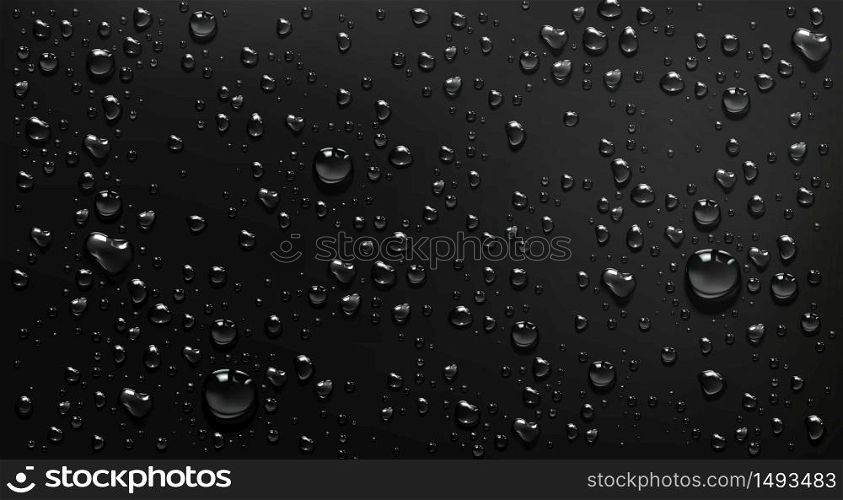 Condensation water drops on black glass background. Rain droplets with light reflection on dark window surface, abstract wet texture, scattered pure aqua blobs pattern Realistic 3d vector illustration. Condensation water drops on black glass background