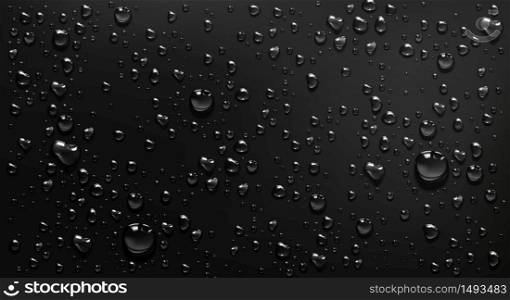 Condensation water drops on black glass background. Rain droplets with light reflection on dark window surface, abstract wet texture, scattered pure aqua blobs pattern Realistic 3d vector illustration. Condensation water drops on black glass background