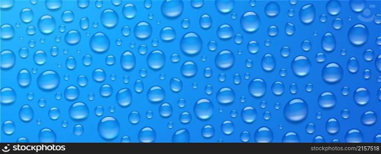 Condensation water drops on blue background. Rain droplets with light reflection on window surface, abstract wet texture, scattered pure aqua blobs pattern, backdrop, Realistic 3d vector illustration. Condensation water drops on blue background, 3d