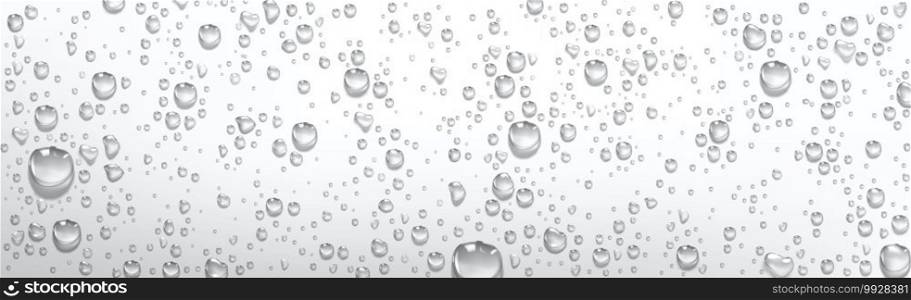 Condensation water drops on grey or silver background. Rain droplets with light reflection on window or glass surface, abstract wet texture, pure aqua blobs pattern, Realistic 3d vector illustration. Condensation water drops on grey silver background