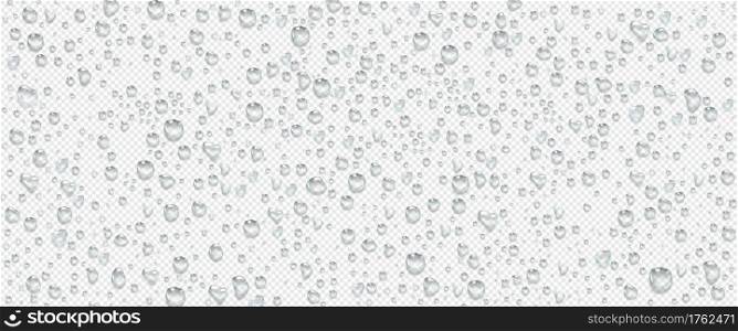 Condensation water drops on transparent background. Rain droplets with light reflection on window or glass surface, abstract wet texture, pure aqua blobs pattern, Realistic 3d vector illustration. Condensation water drops on transparent background