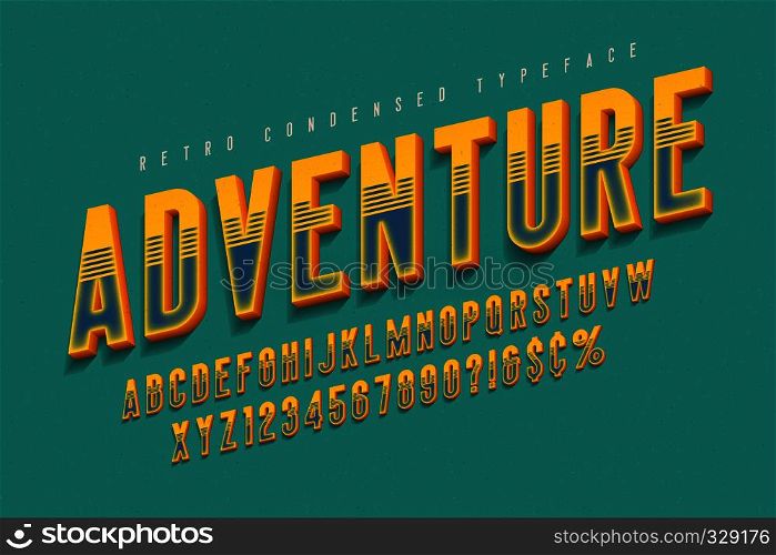 Condensed 3d display font design, alphabet, letters and numbers. Skew 13 degree. Swatch color control. Condensed 3d display font design, alphabet, letters