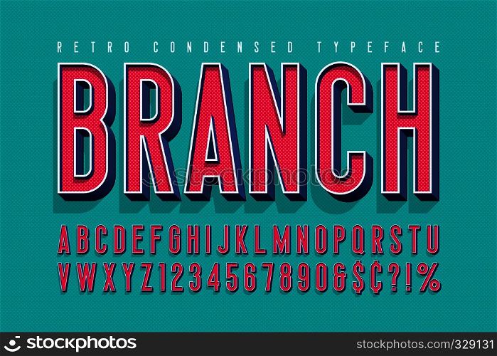 Condensed 3d display font design, alphabet, letters and numbers. Swatch color control. Condensed 3d display font design, alphabet, letters