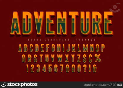 Condensed 3d display font design, alphabet, letters and numbers. Swatch color control. Condensed 3d display font design, alphabet, letters