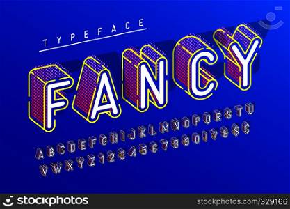 Condensed 3d display font popart design, alphabet, letters and numbers. Swatch color control. Condensed 3d display font popart design, alphabet