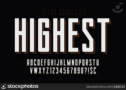 Condensed simple display font design, alphabet, typeface, letters and numbers, typography. Condensed simple display font design, alphabet, typeface