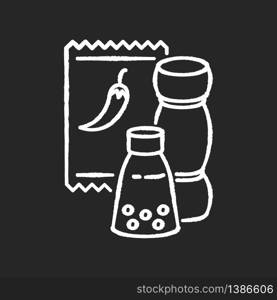 Condiments chalk white icon on black background. Pepper in glass jar. Salt for cooking. Food recipe ingredient. Seasoning options. Dressings for cooking. Isolated vector chalkboard illustration. Condiments chalk white icon on black background