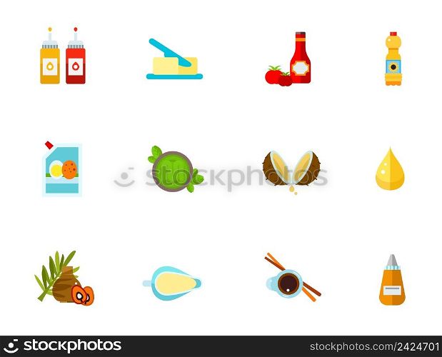 Condiments icon set. Ketchup And Mustard Bottles Butter Ketchup And Tomatoes Cooking Oil Bottle Mayonnaise In Bag Green Pesto Sauce Coconut Oil Drop Palm Oil Sour Cream Soy Sauce