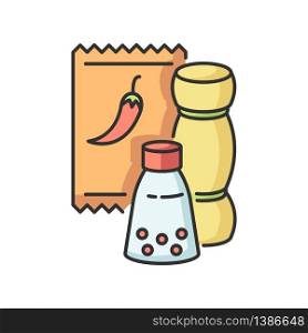 Condiments RGB color icon. Pepper in glass jar. Salt for cooking. Food recipe ingredient. Seasoning options. Dressings for cooking. Paprika spice. Red pepper in packet. Isolated vector illustration. Condiments RGB color icon