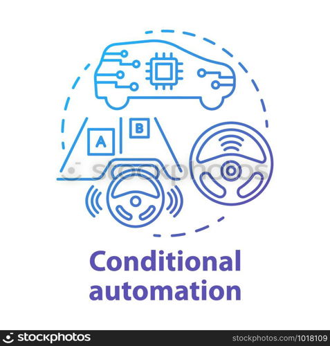 Conditional automation concept icon. Adaptive cruise control. Car with autonomous features. System for safe driving idea thin line illustration. Vector isolated outline drawing. Editable stroke