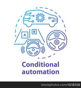 Conditional automation concept icon. Adaptive cruise control. Car with autonomous features. System for safe driving idea thin line illustration. Vector isolated outline drawing. Editable stroke