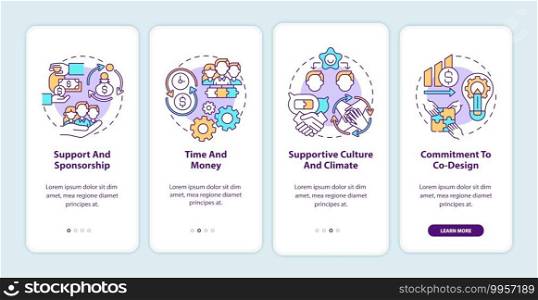 Conditions for co-design onboarding mobile app page screen with concepts. Sponsorship, supportive climate walkthrough 4 steps graphic instructions. UI vector template with RGB color illustrations. Conditions for co-design onboarding mobile app page screen with concepts