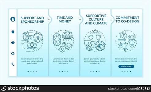 Conditions for collaborative design onboarding vector template. Supportive culture, climate. Commitments. Responsive mobile website with icons. Webpage walkthrough step screens. RGB color concept. Conditions for collaborative design onboarding vector template