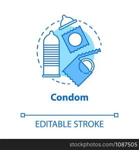 Condom concept icon. Safe sex. Male contraception for intercourse. Birth control method. Pregnancy prevention idea thin line illustration. Vector isolated outline drawing. Editable stroke
