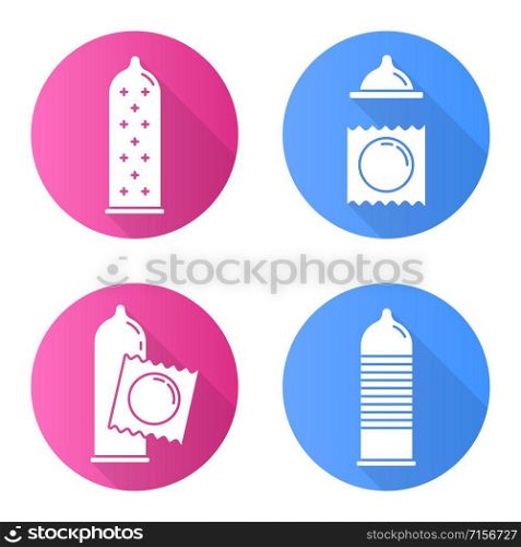 Condom flat design long shadow glyph icons set. Safe sex. Female latex reusable contraceptive with dots in package. Preservative method. Pregnancy prevention. Vector silhouette illustration