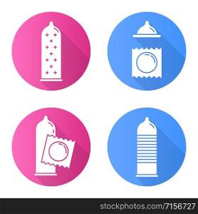 Condom flat design long shadow glyph icons set. Safe sex. Female latex reusable contraceptive with dots in package. Preservative method. Pregnancy prevention. Vector silhouette illustration