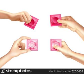 Condom In Hand Realistic Set. Female hands holding condoms in pink packages realistic set isolated on white background vector illustration