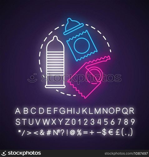 Condom neon light concept icon. Safe sex. Male contraception for intercourse. Birth control. Pregnancy prevention idea. Glowing sign with alphabet, numbers and symbols. Vector isolated illustration