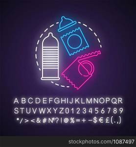 Condom neon light concept icon. Safe sex. Male contraception for intercourse. Birth control. Pregnancy prevention idea. Glowing sign with alphabet, numbers and symbols. Vector isolated illustration