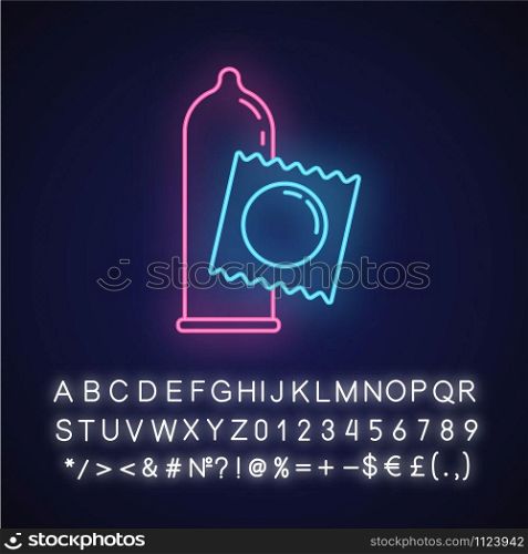 Condom neon light icon. Female, male contraceprive for safe sex. STI protection. Pregnancy prevention. Latex preservative. Glowing sign with alphabet, numbers and symbols. Vector isolated illustration