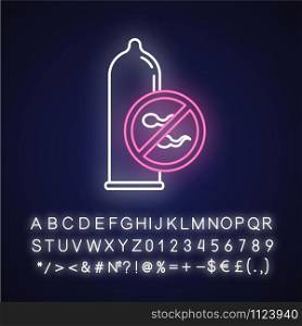 Condom neon light icon. Male latex contraceptive. Sperm block. Unplanned pregnancy prevention. Safe sex. STI protection. Glowing sign with alphabet, numbers and symbols. Vector isolated illustration