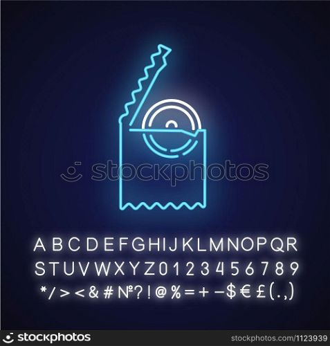 Condom neon light icon. Male rubber contraceptive in package. Pregnancy prevention. Safe sex. Intimate intercourse. Glowing sign with alphabet, numbers and symbols. Vector isolated illustration
