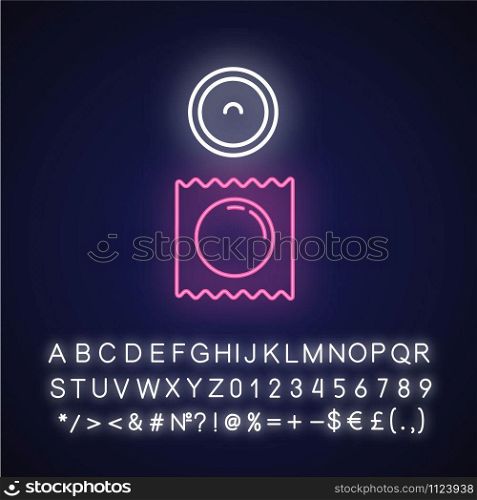 Condom neon light icon. Safe sex. Preservative, ontraception. Birth control. AIDs protection. Pregnancy prevention. Glowing sign with alphabet, numbers and symbols. Vector isolated illustration