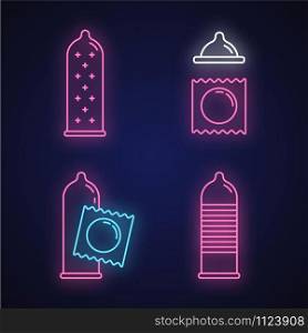 Condom neon light icons set. Safe sex. Female latex reusable contraceptive with dots in package. Preservative. Pregnancy prevention, STI risk precaution. Glowing signs. Vector isolated illustrations