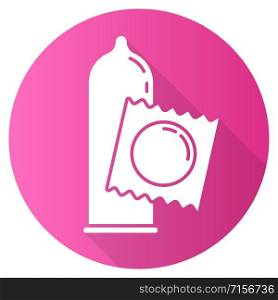 Condom pink flat design long shadow glyph icon. Female, male contraceprive for safe sex. Healthy intercourse. AIDs protection. Pregnancy prevention. Latex preservative. Vector silhouette illustration