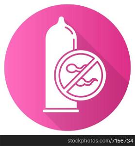 Condom pink flat design long shadow glyph icon. Male contraceptive. Sperm block. Pregnancy prevention. Safe sex. Preservative for healthy intercourse. STI protection. Vector silhouette illustration