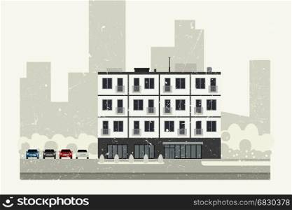 Condominium building. Condominium building with grunge texture. Vector banner of apartment house.