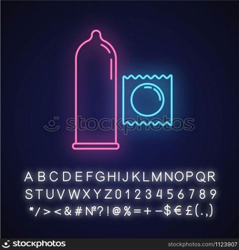 Condoms neon light icon. Male contraceprtive. Safe sex. Protected intercourse. Birth control. Pregnancy prevention. Glowing sign with alphabet, numbers and symbols. Vector isolated illustration