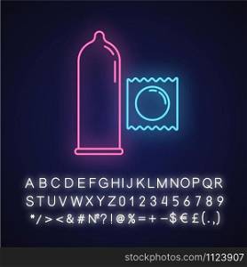 Condoms neon light icon. Male contraceprtive. Safe sex. Protected intercourse. Birth control. Pregnancy prevention. Glowing sign with alphabet, numbers and symbols. Vector isolated illustration